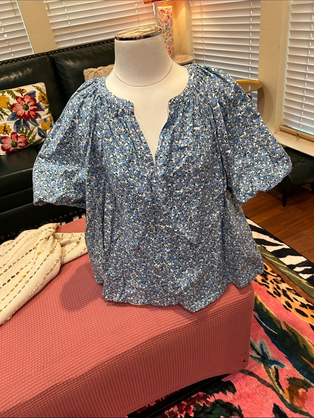 Lane Bryant Blue Floral Split-Neck Blouse